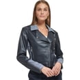 thumbnail image 1 of DKNY Womens Mixed Media Motorcycle Jacket, darkblue, 10, 1 of 2