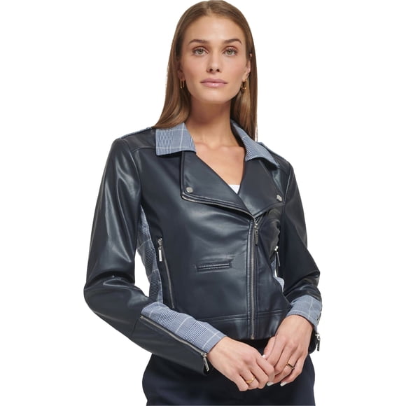 DKNY Womens Mixed Media Motorcycle Jacket, darkblue, 16