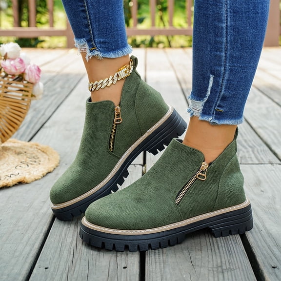 Women Ankle Boots Dual Side Zipper Booties with Comfy Chunky Lug Sole, Round Toe Low Chunky Heel Slip On Fall Winter Shoes for Women
