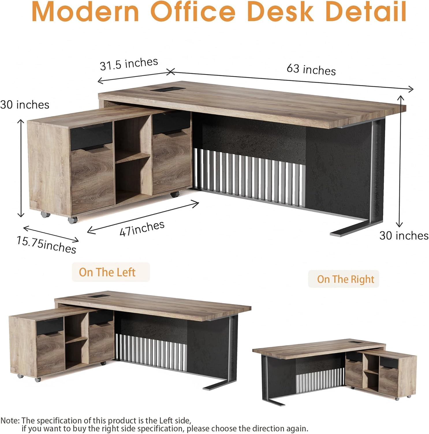 63 inch L Shaped Executive Desk with 2 Drawers File Cabinets Storage(Left Hand Return)