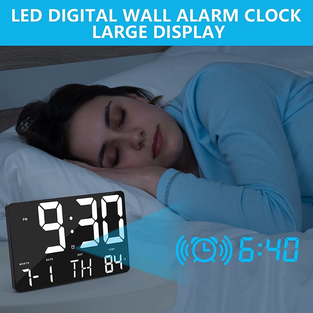 Alarms Clock w/Remote Control,Non-Abbreviated Day Date Clock for Vision Impaired Elderly - White light with black frame