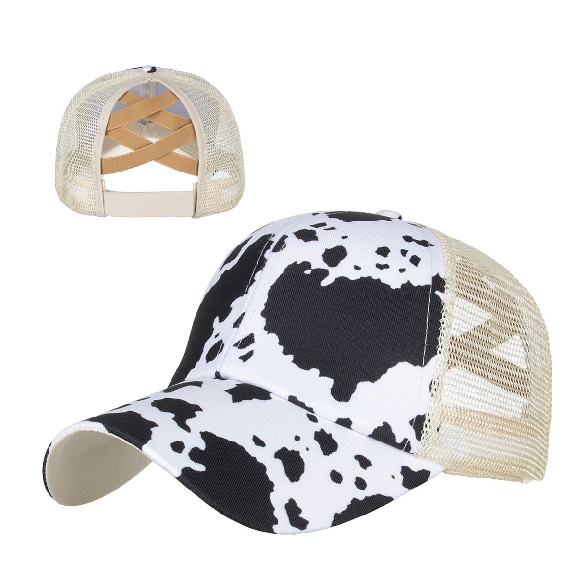 Cow Print Criss Cross Ponytail Hat 