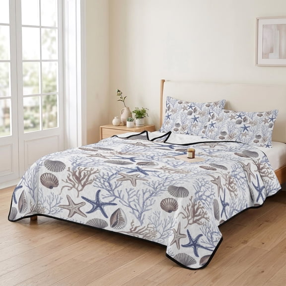 96x106in Quilt Bedding Set, Sea Starfish Shell Blue Coral Lightweight Coverlet Summer Comforter Set Soft Microfiber Bedspread, Summer Ocean Theme 3 Piece Quilt Set with 2 Pillow Shams