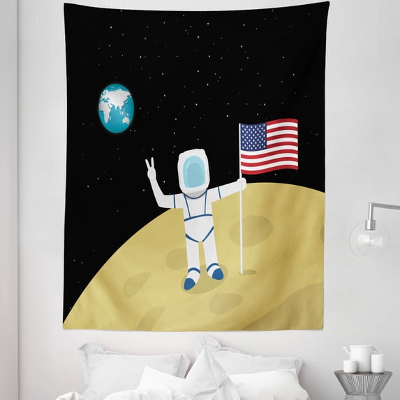 Moon Tapestry, Astronaut Lands on Space Journey First Man Flag Earth Illustration, Fabric Wall Hanging Decor for Bedroom Living Room Dorm, 5 Sizes, Charcoal Grey Khaki and White, by Ambesonne