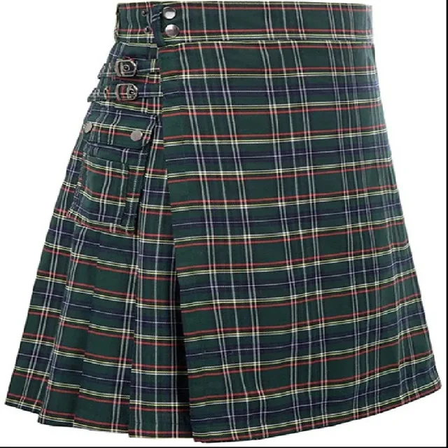 Men's Cotton Utility Kilt With Box Pleats Tartan Design Adjustable Waist Deep Pockets
