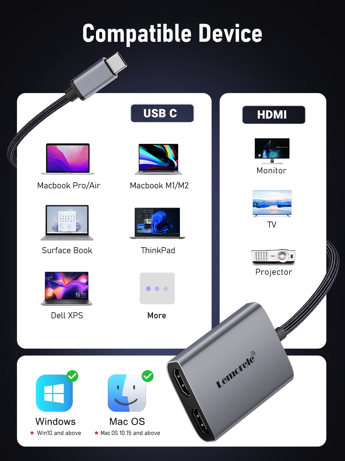 Lemorele USB C to Dual HDMI Adapter, Type C to 4K HDMI Display, Hub with 2 HDMI for Laptops HP/Dell/Lenovo/MacBook