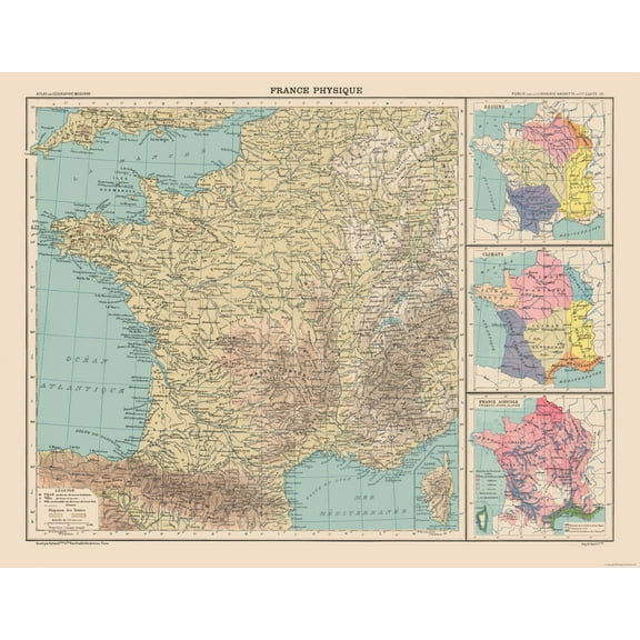 Historic Map - France Physical - Schrader 1908 - Vintage Wall Art