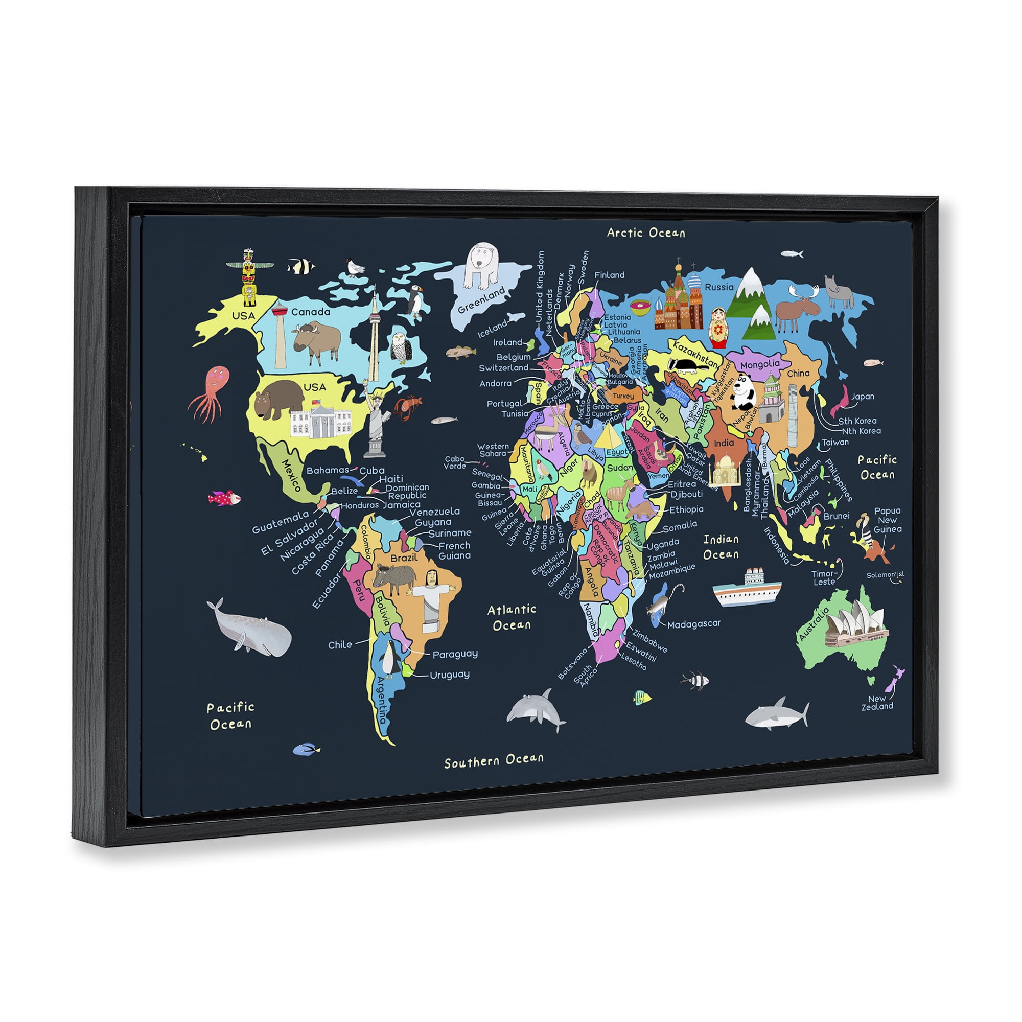 Stupell Industries Detailed Countries Map Education Painting Black Floater Framed Canvas Art Print Wall Art, 25 x 17