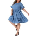 thumbnail image 4 of Agnes Orinda Women's Plus Size Easter Summer Dresses Texture Ruffle Short Sleeve Tiered Hem Crew Neck Midi Casual A Line Dress 2025 3X Gray Blue, 4 of 6