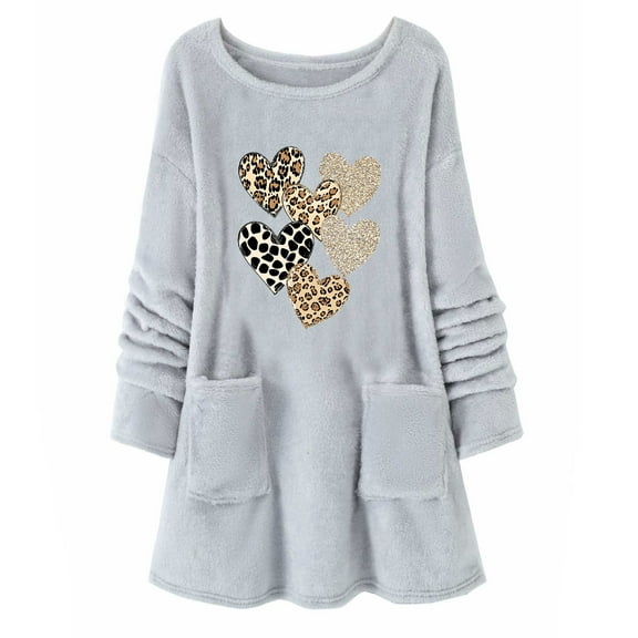 Womens Warm Pullover Tops Winter Sherpa Lined Fleece Sweatshirts Tunic Thermal Loungewear Fashion Leopard Heart Fleece Sweatshirt Oversized Crewneck Long Sleeve Hooded Sweaters with Pockets