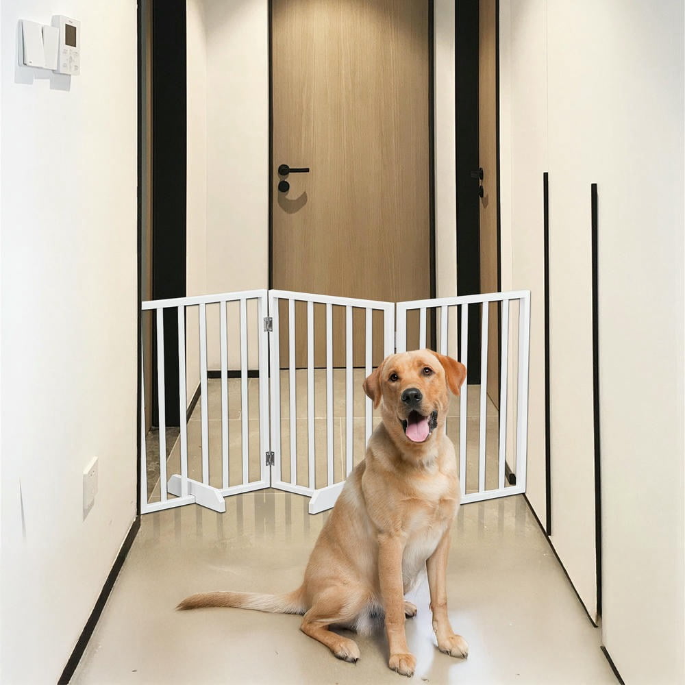 GVN Freestanding Pet Gate, Dog Gate,The Wooden Dog Fence White