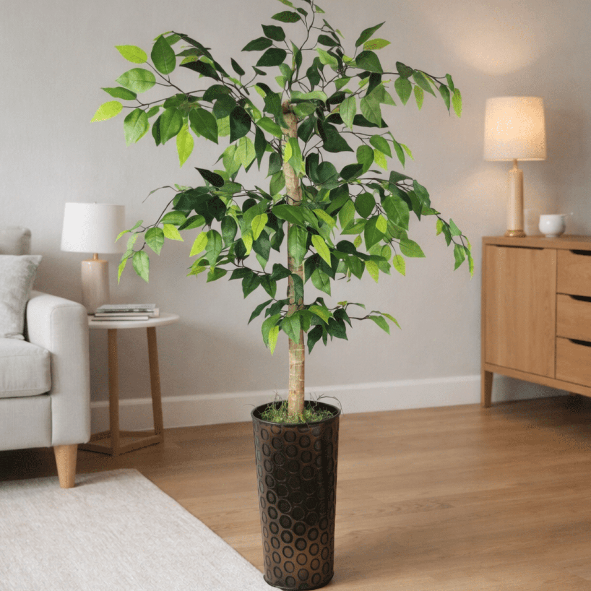 Artificial Tree, 5ft Artificial Ficus Tree in a Patterned Copper Pot by LCG Florals, Faux Designer Fake Indoor Tree for Living Room, Office, and Home Décor