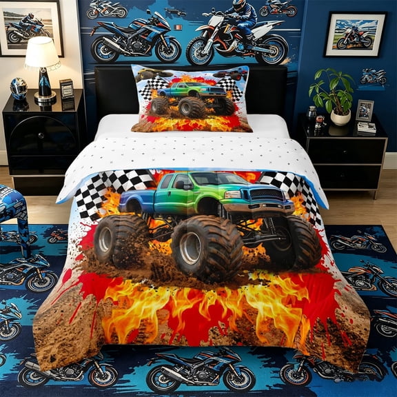 Castle Fairy Bold Monster Truck Twin Comforter Sets 3-Piece for Kids, Flame Flag Print Bedding Set for Modern Room, Orange Red Green