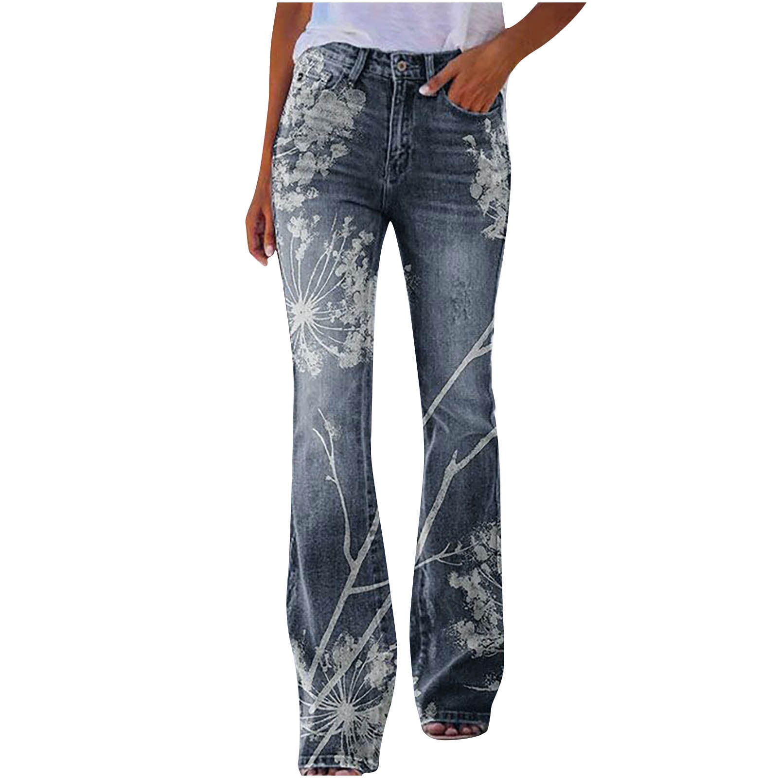 Mid Rise Jeans for Women Vintage Embroidery Floral Stretch Skinny Flare ...