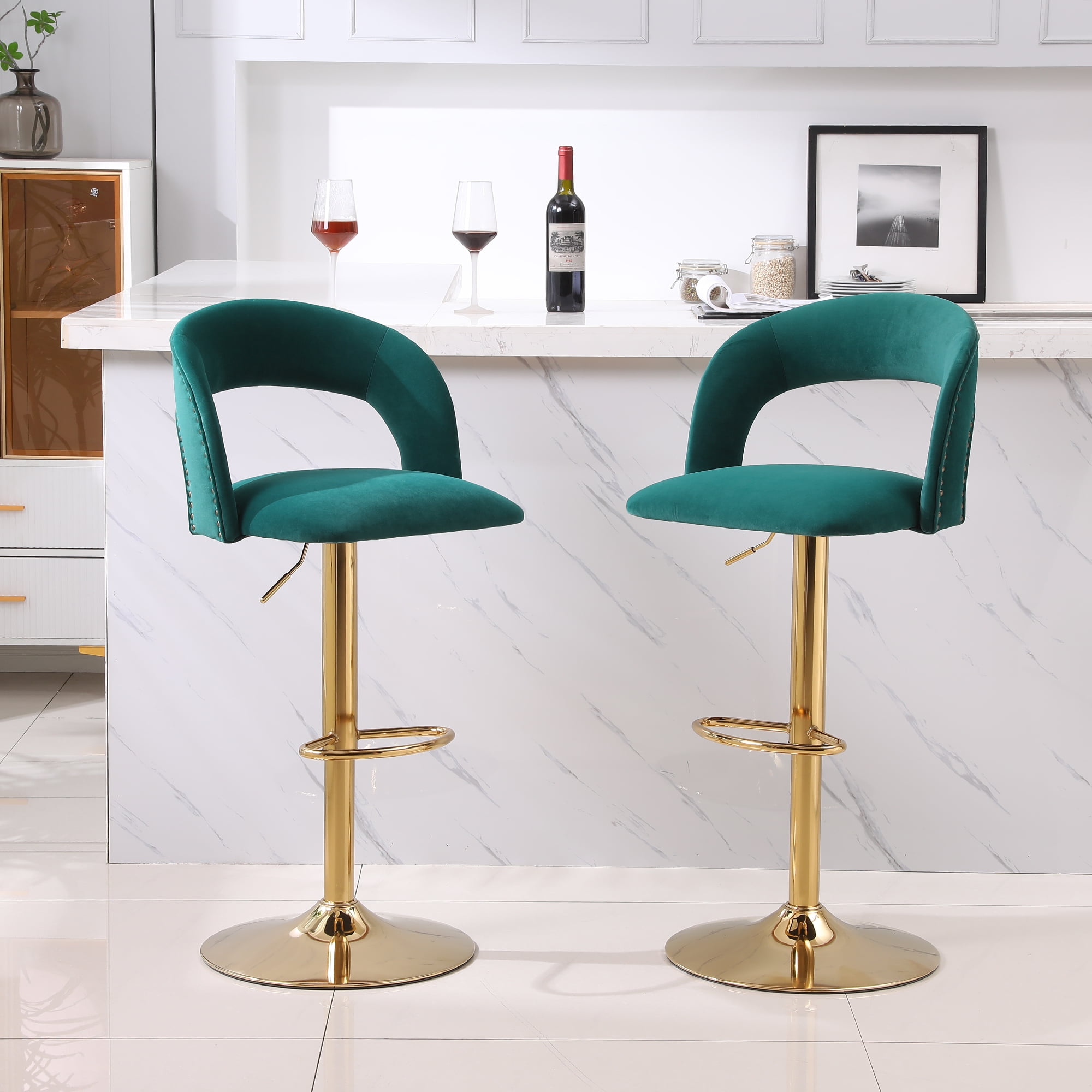 Kadyn Adjustable Tufted Swivel Bar Stool with Back& Footrest for Home, Emerald, Set of 2