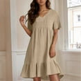 thumbnail image 2 of Womens Boho Dresses Short Sleeve Cotton Linen V Neck Elegant Pleated Dresses Knee Length Ruffle Tiered Layered Elegant A-Line Dresses Khaki M, 2 of 5