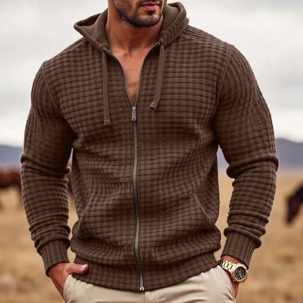 Dolkfu Sudadera con capucha de cremallera completa para hombre, sudadera de waffle de color sólido, tops jacquard para hombres S