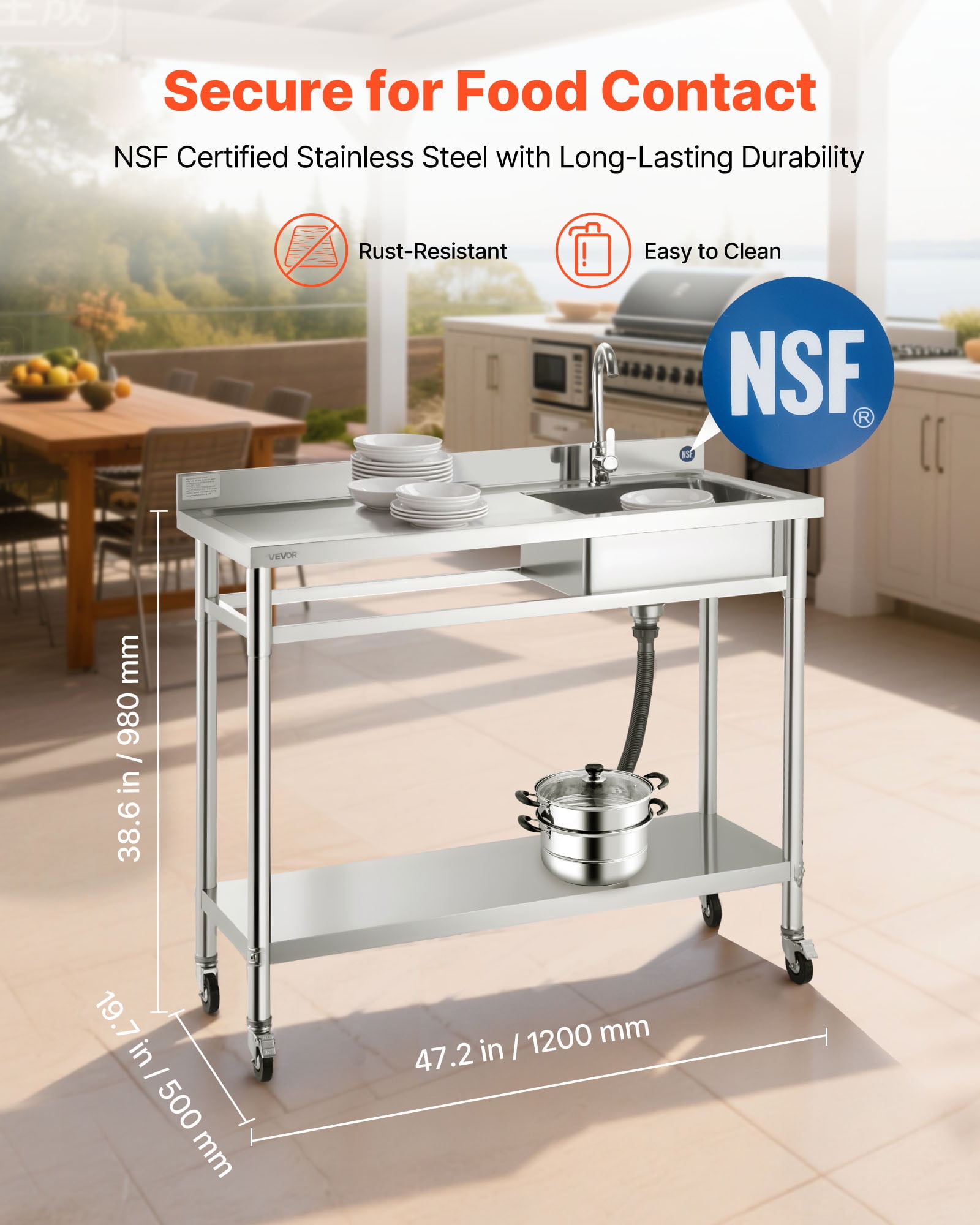 VEVOR Stainless Steel Utility Sink,Rolling Single Bowl Commercial Kitchen Sink with Wheels,Faucet and Hot & Cold Water Pipe,Utility Basin Workbench for Garage Restaurant Laundry 47.2 x 19.7 x 41.5 in