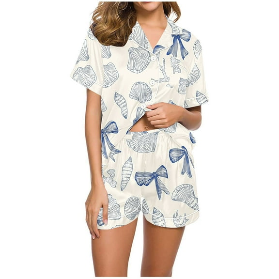 Tnhcen Sleepwear Pajamas Set for Women Button Down Short Sleeve Top Lounge Shorts Nightwear​ S-2XL
