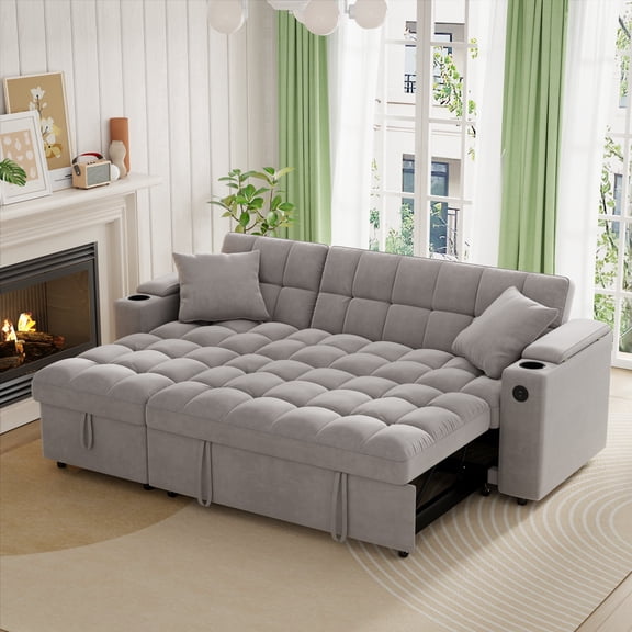 Muumblus Queen Size Convertible Sectional Sleeper Sofa with Storage & USB, Adjustable Backrest, Reversible L-Shaped Pull Out Couch Bed for Living Room, Guest Room, Gray Velvet