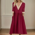 thumbnail image 2 of Vestido largo boho para mujer: vestido informal de manga corta con cuello en V, botones y bolsillos, cintura alta, 2 of 5