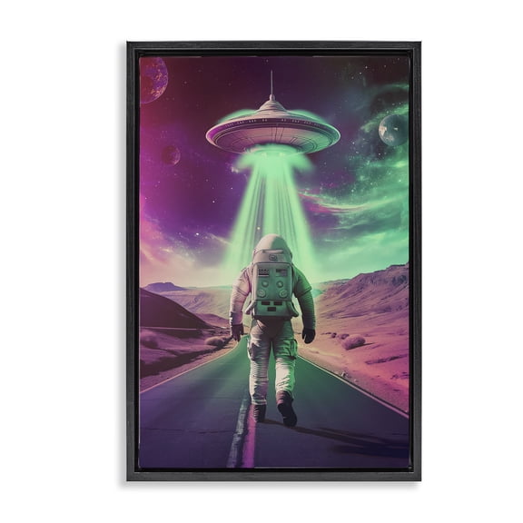 Stupell Industries Astronaut Walking Toward UFO Fantasy & Sci-Fi Painting Black Floater Framed Canvas Art Print Wall Art, 17 x 25