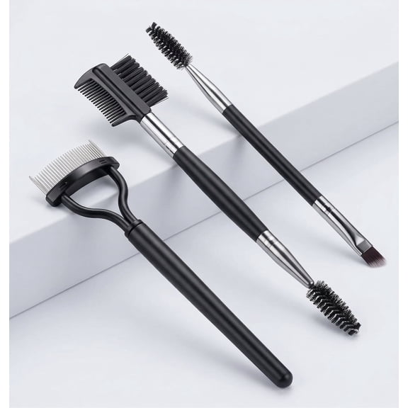 Eyebrow Brush Eyelash Separator Set, 3 Piece Brow Comb Lash Spoolie and Angled Eyebrow Brush, Eye Makeup Grooming Tools, Black