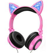 LOBKIN Foldable Wired Over Ear Kids Headphone with Glowing Light for Girls Children Cosplay Fans,Cat Ear Headphones (Pink)