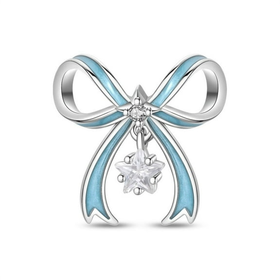 KUNSIR 925 Sterling Silver Blue Ribbon Bow Bead Charm For Bracelets DIY Gifts