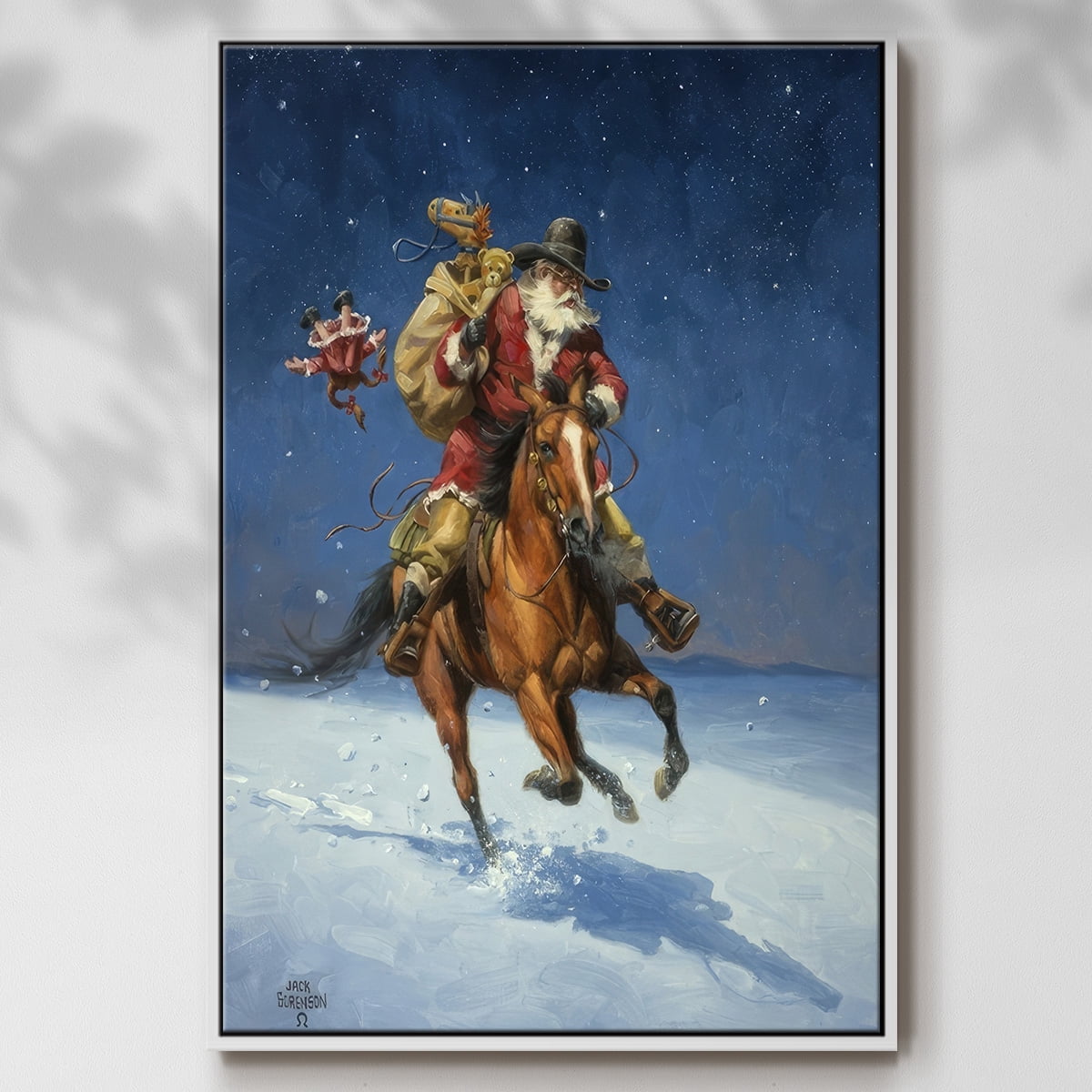 Midnight Rider - Framed Gallery Wrapped Holiday Canvas - 17 x 25 - White Frame
