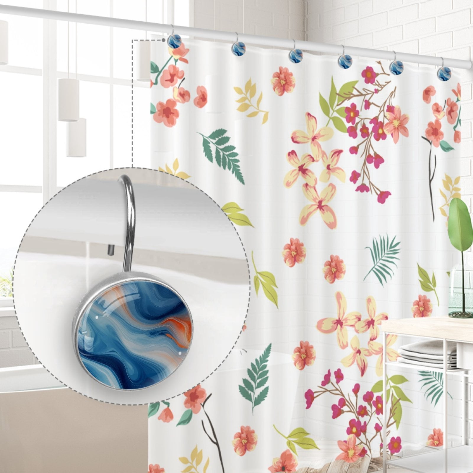 Blue Marble 12 Pack Shower Curtain Hooks, Decorative Shower Rings for Shower Curtain Rods, Stainless Steel, Rust Resistant, Round Curtain Hooks for Bathroom