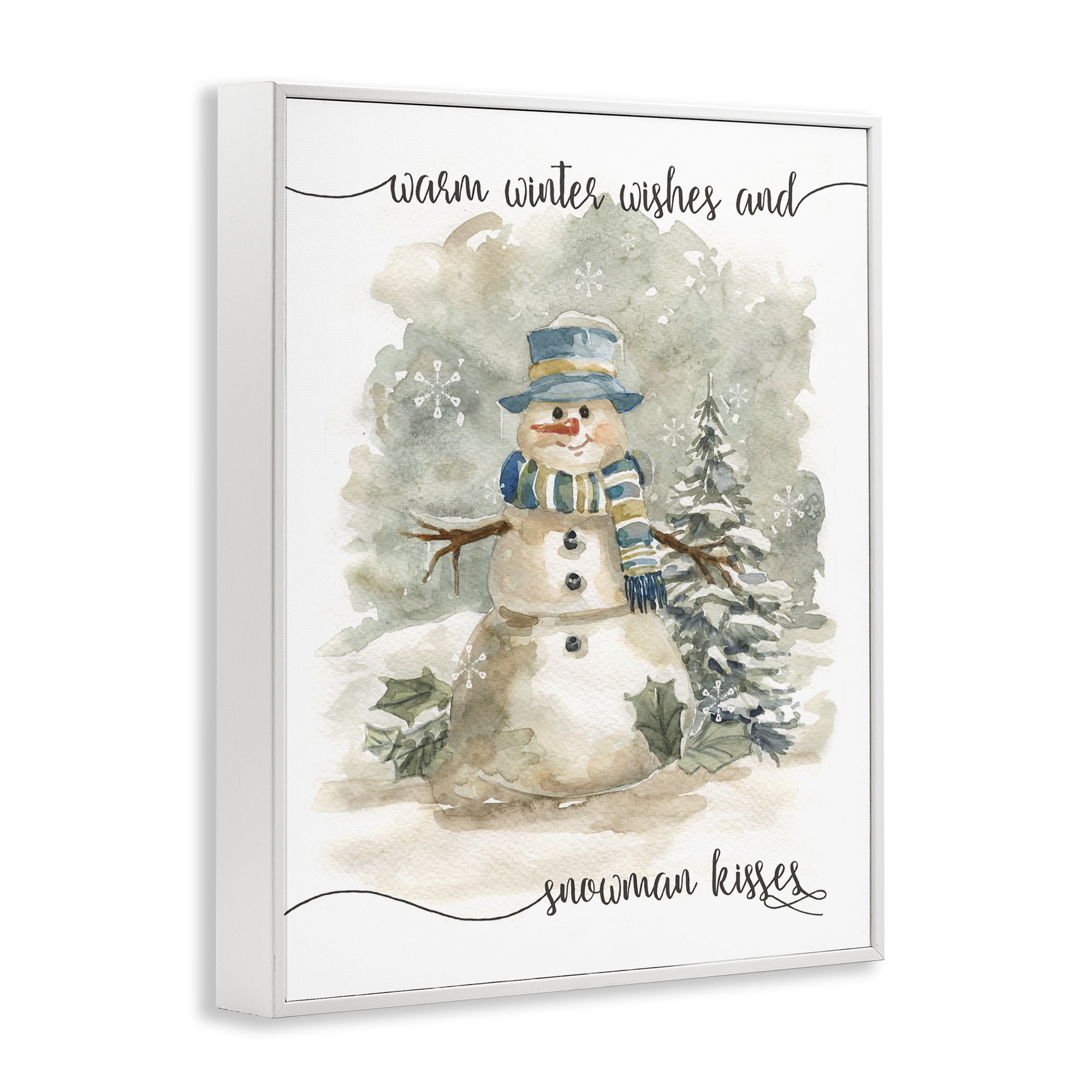 Stupell Industries Snowman Kisses Phrase Holiday Painting White Framed Art Prints Wall Art, 16 x 20