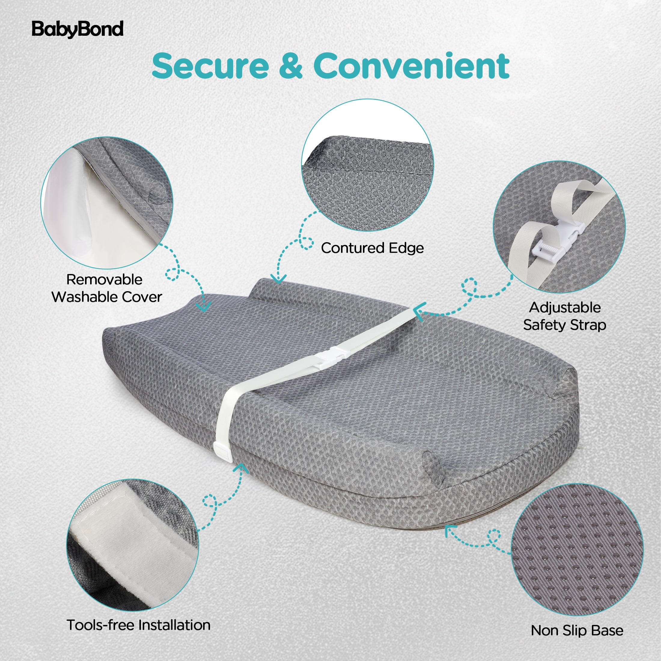 Babyomi Diaper Changing Pad with Anti-roll Edge and Adjustable Seat Belt, Anti Slip Base, Changing Pads for Newborns and Infants, Mid Gray,1 piece.