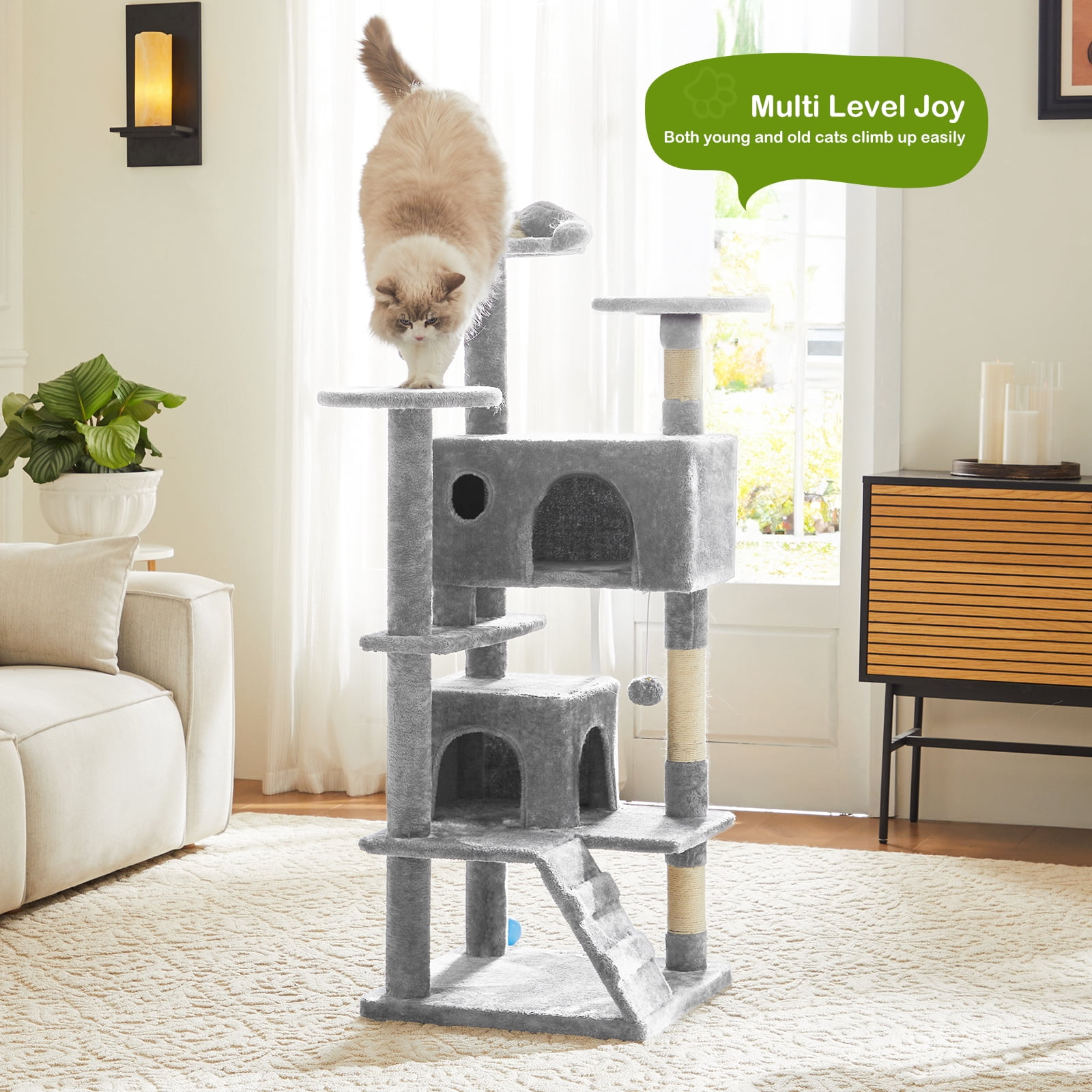 GIANNA 54" Indoor Cat Tree Tower with Multiple Levels, Sisal Scratching Post, Spacious Condo, Climbing Ramp, Kitten Toy, Light Grey