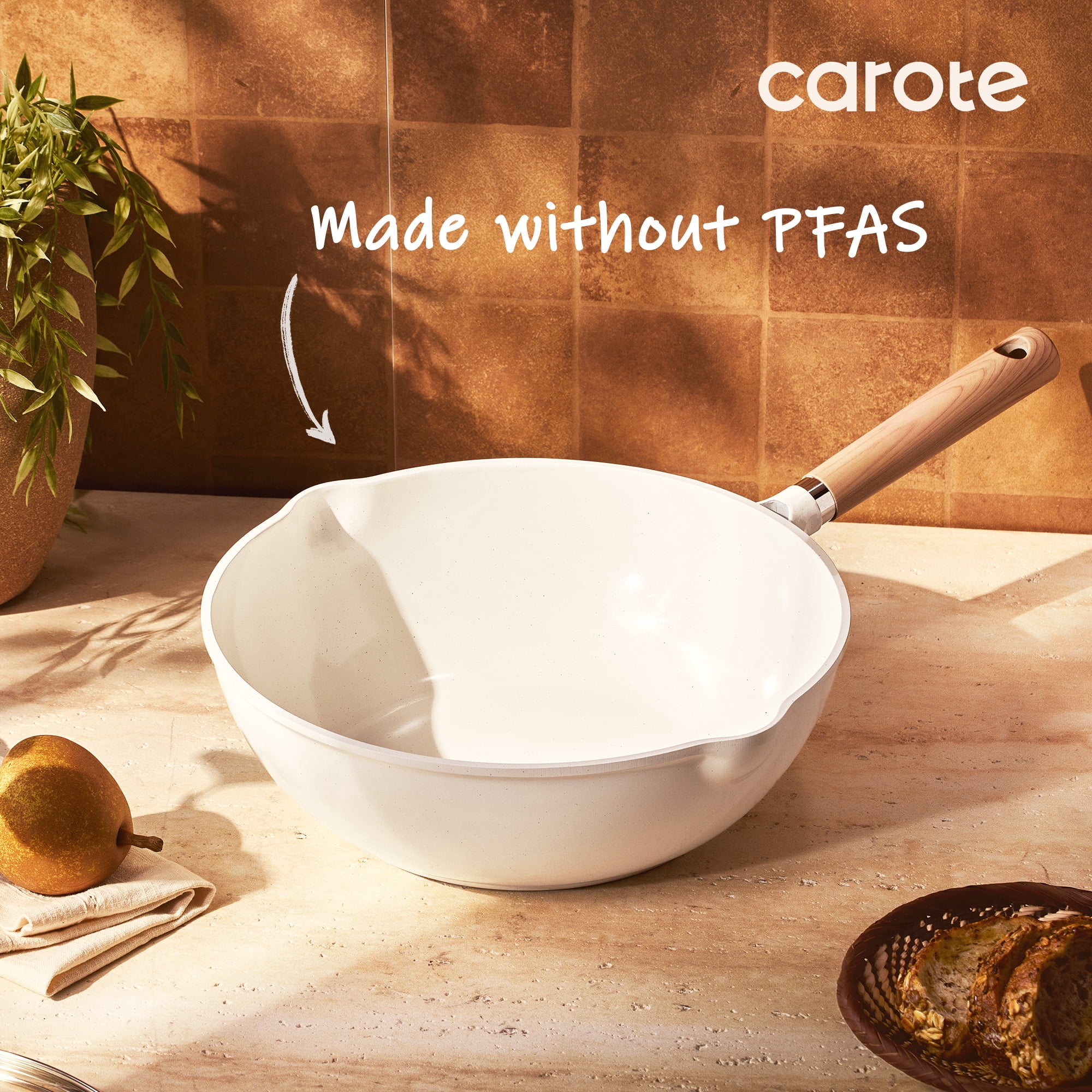 Carote Ceramic Nonstick Wok with Induction 12" Non-Stick Saute Pan, All Stoves Compatible, Bon Appetit, White Granite, 5.8QT