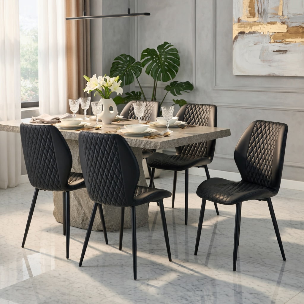 Hommoo Set of 4 Modern Diamond-Quilted PU Dining Chairs with Sleek Black Metal Legs, Ergonomic Upholstered Chairs for Dining Room, Cafe & Small Spaces, Black