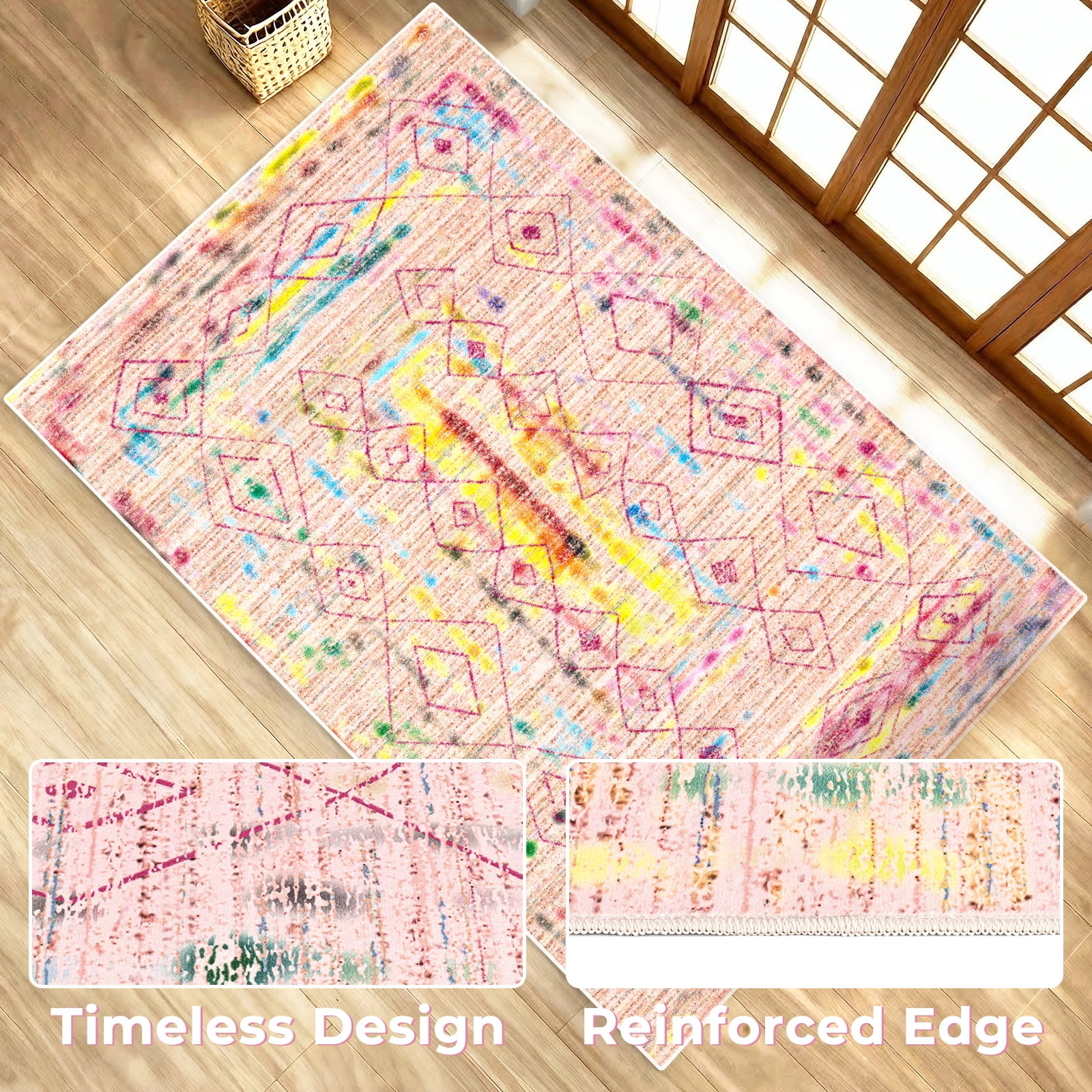 Washable Area Rug for Living Room, 8'x10' Bohemian Aztec Non-Slip indoor Rug, Soft Low Pile & Stain Resistant Polyester Geometric Carpet for Bedroom, Dinning Room, Kids Playroom, Girls' Bedroom