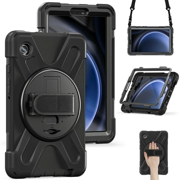 Dteck Case for Samsung Galaxy Tab A9 8.7-inch (SM-X110/X115/X117),Heavy Duty Armor Shockproof Kids Case with Rotating Stand & Hand/Shoulder Strap for Galaxy Tab A9 2023,Black