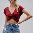 thumbnail image 3 of Mittory Women's Twist Front V Neck Short Sleeve T Shirt Tie Backless Solid Crop Tops, 3 of 5