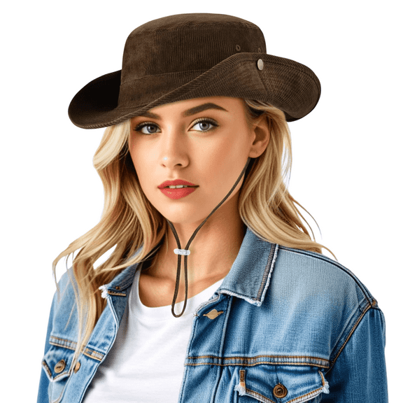Wowstyle Cowboy Hat for Women Corduroy Drawstring String Western Cowgirl Bucket Sun Hats Adjustable UV Protection Fisherman Boonie Cap, Brown