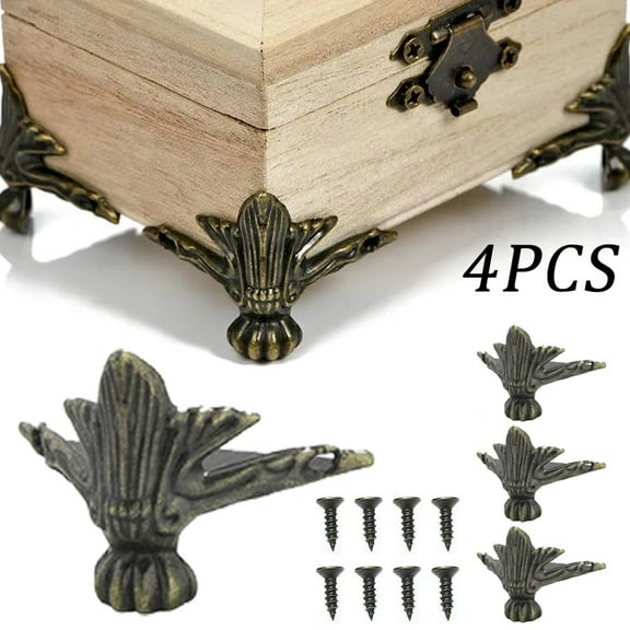 4 PCS Antique Brass Jewelry Chest Wood Case Box Decor Feet Leg Corner Protector