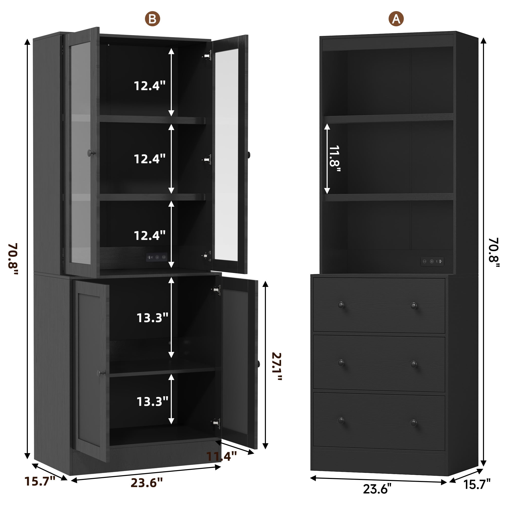 IDEALSOUL 3PCS 71" Tall Bookcase with Drawers, Black Combination Bookcase with Charging Station and LED Light, Freestanding Display Cabinet with Large Storage Space for Living Room, Office, Bedroom