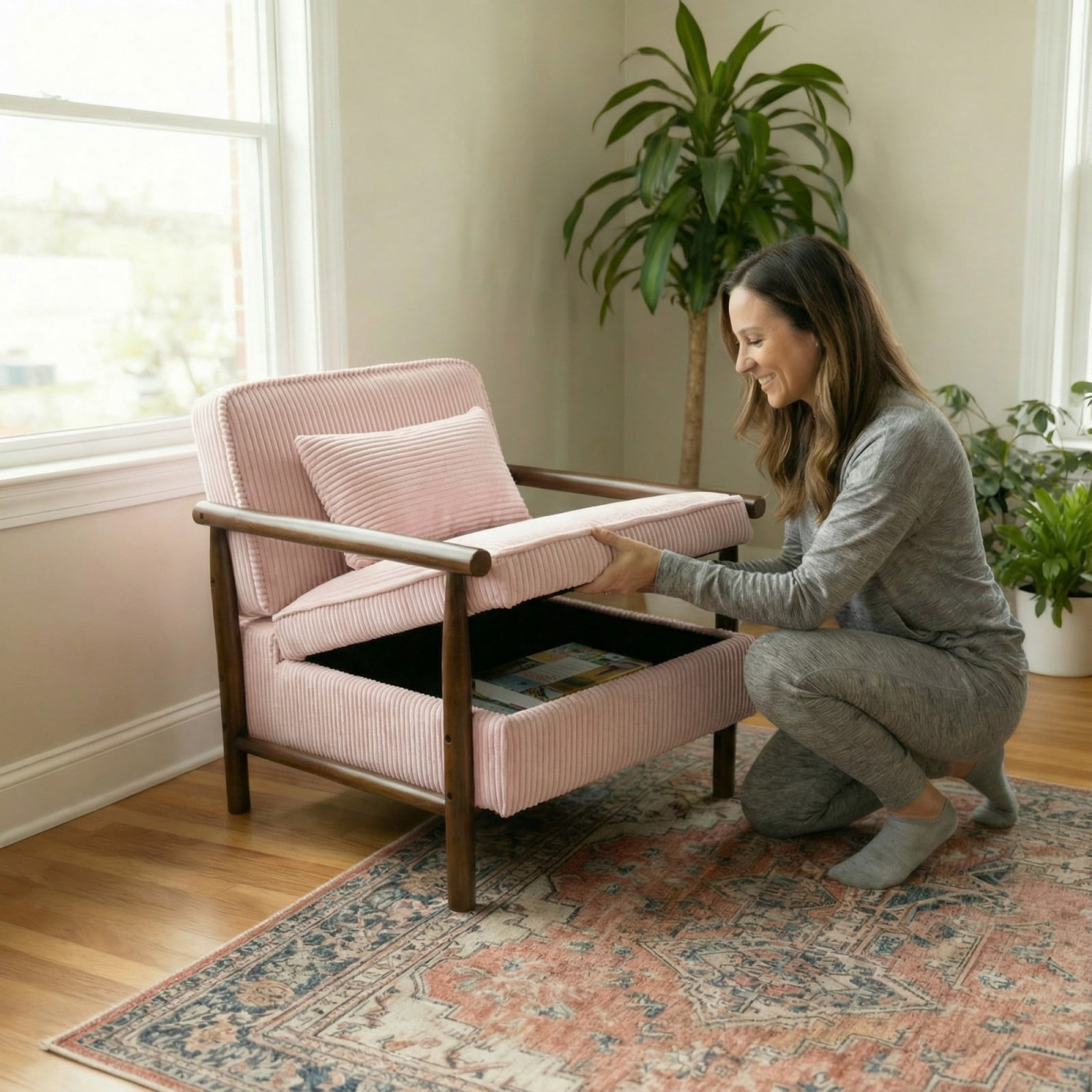 Storage Accent Chair Mid Century Modern Upholstered Armchair with Wood Frame & Waist Cushion for Living Room Bedroom Sunroom, Light Pink