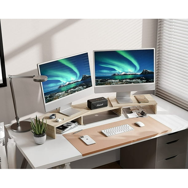 FITUEYES Support pour écran double - Support de bureau en bois pour écran  d'ordinateur à 3 étagères avec longueur et angle réglables, Accueil 