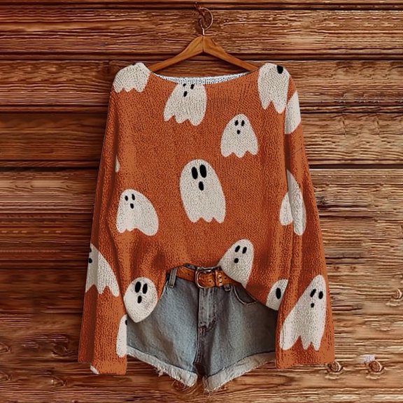 FRSASU Halloween Sweaters for Women Boho Vintage Spooky Season Ghost Sweatshirt Graphic Print Long Sleeve Knit Pullover Tops Orange