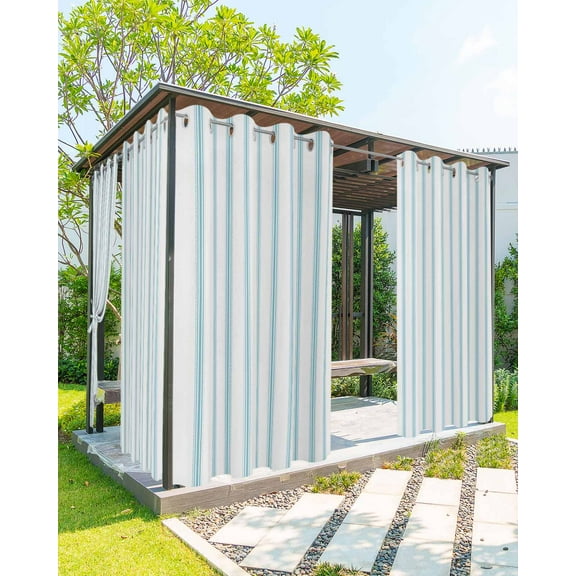 Outdoor Curtains for Patio White and Blue Striped Geometric Waterproof Privacy Outside Curtains with 2 Tiebacks Grommet Top Pergola Curtains for Porch Cabana Gazebo 1 Panel, 54x108 inch