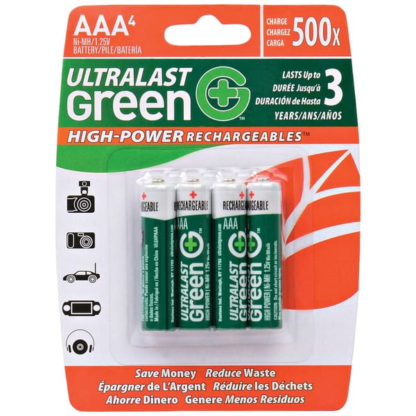 Ultralast ULGHP4AAA pilas recargables AAA NiMH de alta potencia verdes, paquete de 4