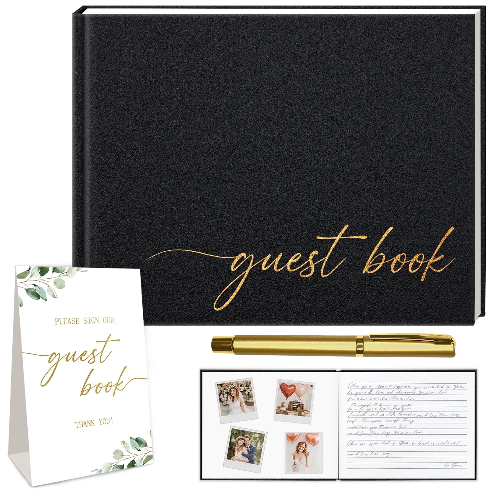 Hardcove Guest Book, Gold Foilr Memory Book for Weddings & Baby Showers, Birthdays. Including Table Sign and Pen, Blank and Lined Pages for Sign-in and Photos for Lasting