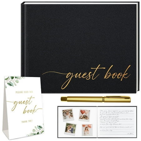 Hardcove Guest Book, Gold Foilr Memory Book for Weddings & Baby Showers, Birthdays. Including Table Sign and Pen, Blank and Lined Pages for Sign-in and Photos for Lasting