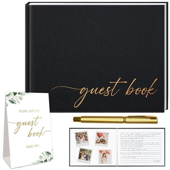 Hardcove Guest Book, Gold Foilr Memory Book for Weddings & Baby Showers, Birthdays. Including Table Sign and Pen, Blank and Lined Pages for Sign-in and Photos for Lasting